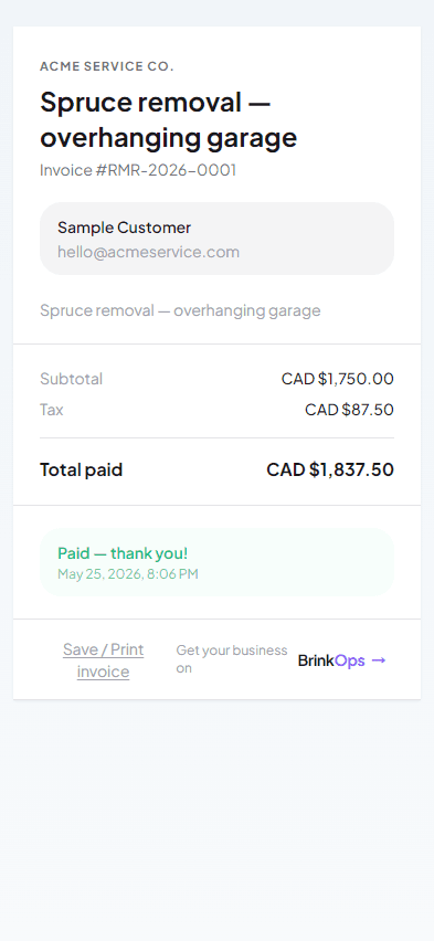 Customer-facing invoice page on iPhone